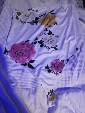 Floral Print White Women's Bodysuit with Pink & Gold Roses